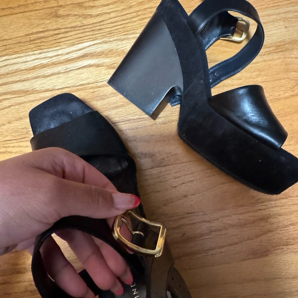 Celine Black Leather Chunky Y2K platform wedge Sandals with Gold Buckle - Picture 3 of 5